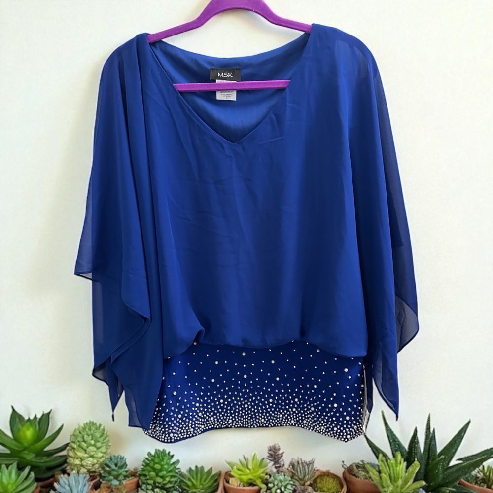 MSK Women's Printed V-Neck Dolman-Sleeve Blouse NWT Cobalt Blue Large